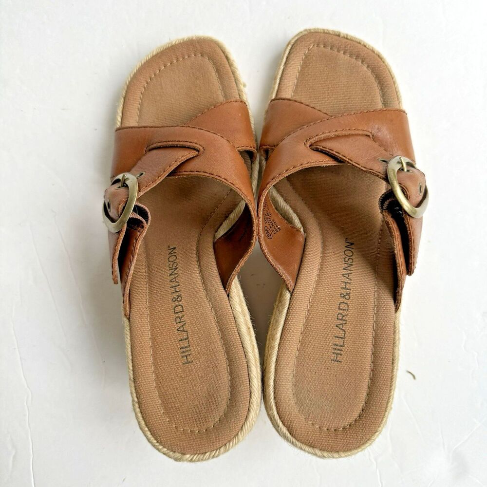 Wedge Heel Sandals Womens Sz 8 Dessa Brown Cognac Leather Hilliard & Hanson